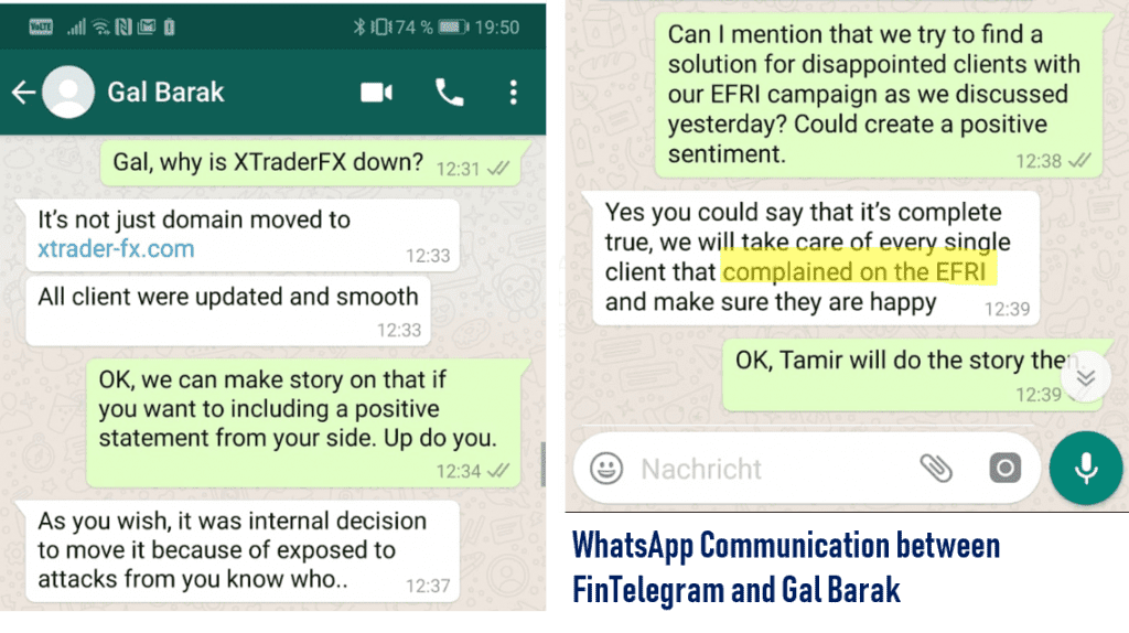 WhatsApp communication with Gal Barak about EFRI victims compensation