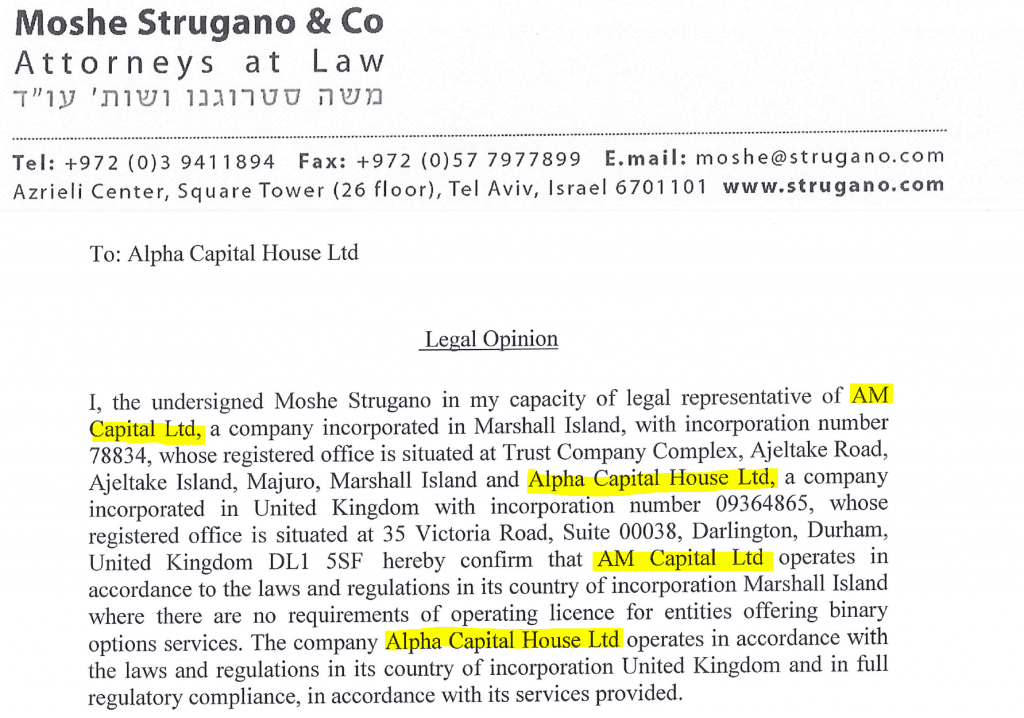 Moshe Strugano legal option Alpha Capital House
