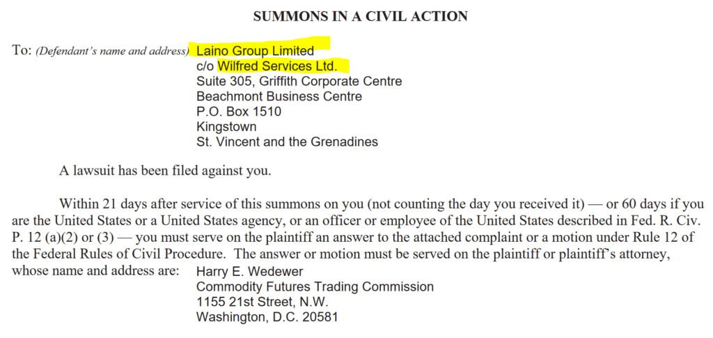 CFTC complained served to Laino Group and Wilfred Services