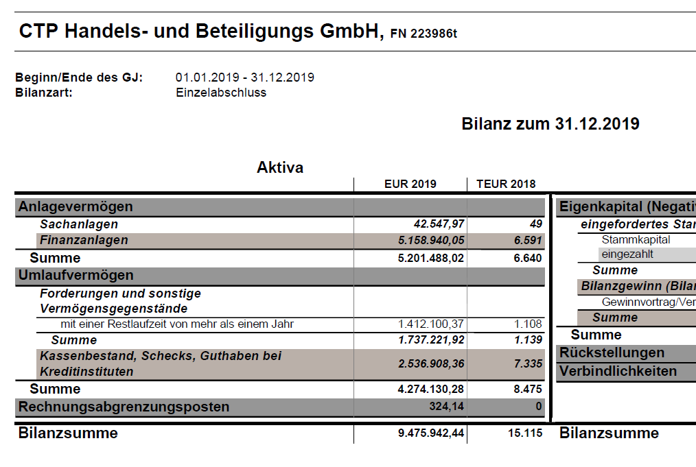 CTP GmbH Balance sheet 2019