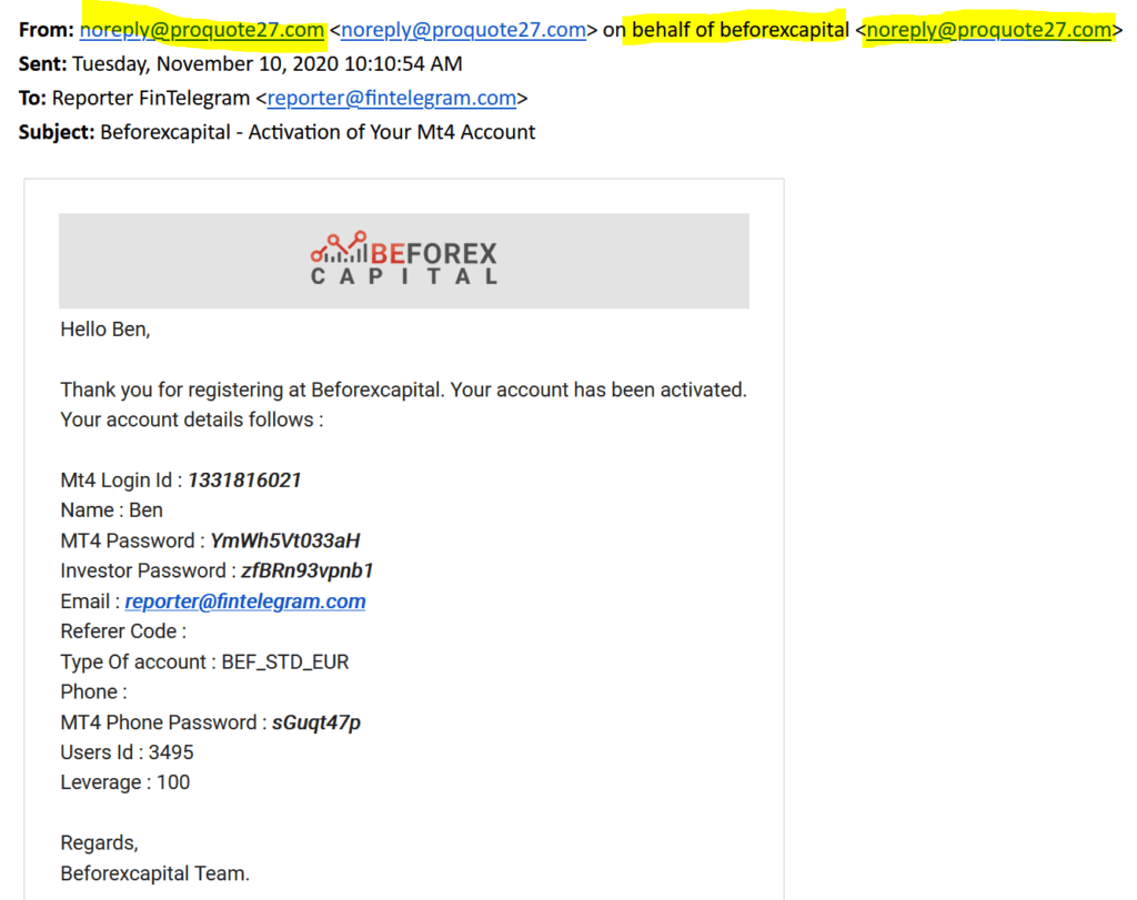 Confirmation email BeforexCapital and ProQuote27