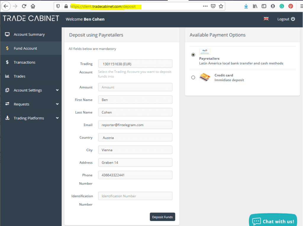 TradeCabinet scam back-office and its payment options