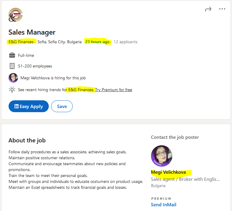 Cybercrime organization E&G Finances is looking for a sales manager
