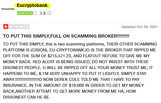EU Crypto Bank scam review on Trustpilot