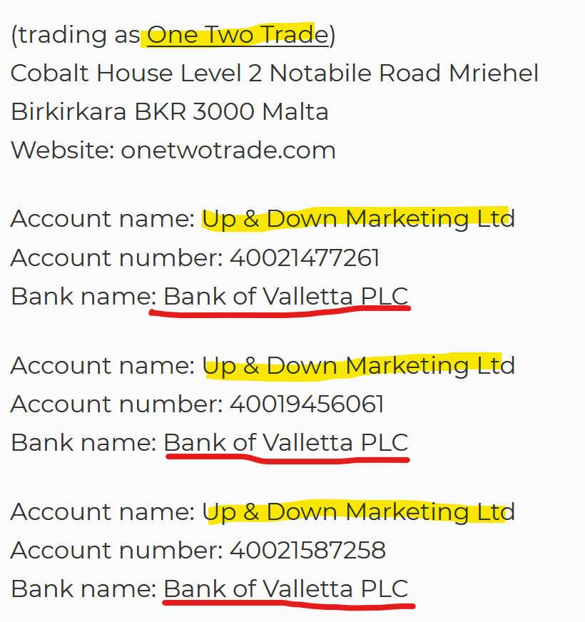 Maltese One Two Trade broker scam an its accounts at Bank of Valletta