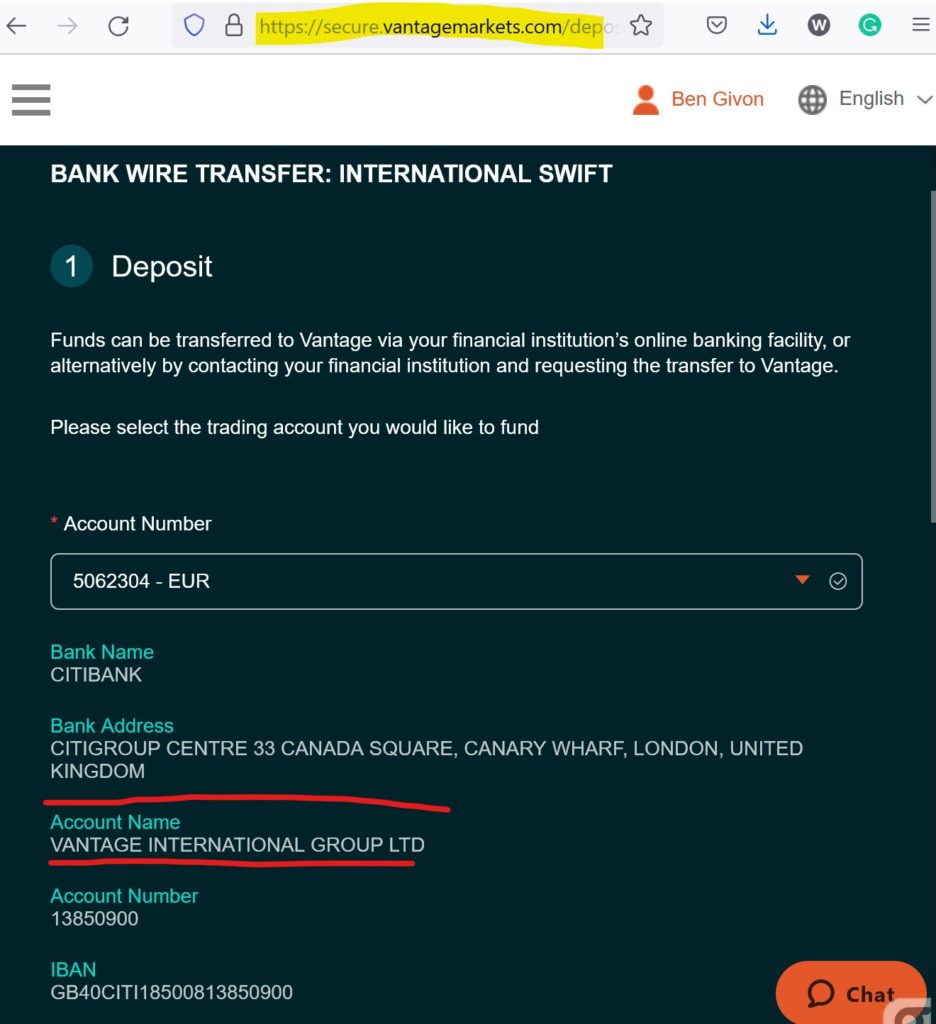 Offshore broker Vantage receives SWIFT payments to Citibank in the UK