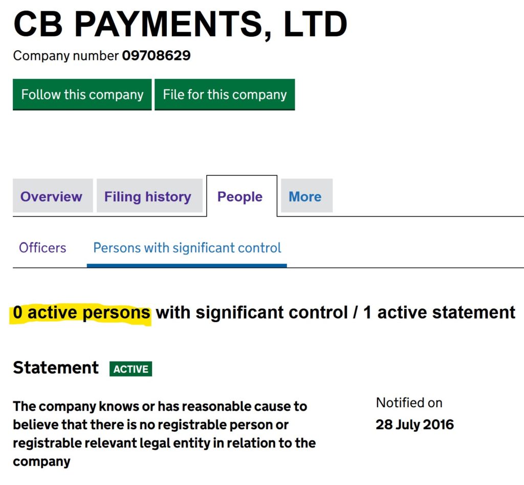 CB Payments shows no person with significant control