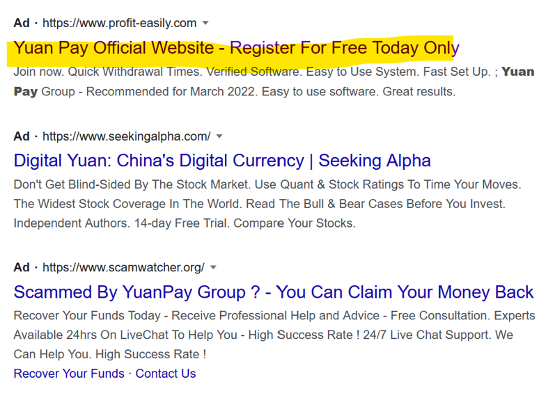 Fraudulent YuanPay campaign promoted via Google ads