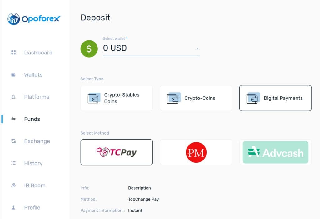 Opoforex payment options TC Pay Perfect Money and Advcash