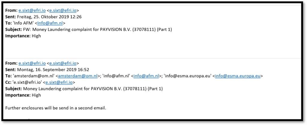 EFRI sent many money laundering complaints regarding Payvision