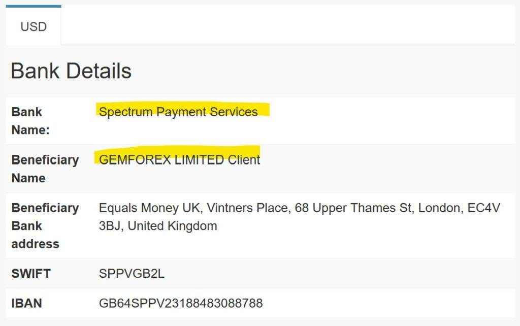 GEMFOREX bank account withe Spectrum Payment Services
