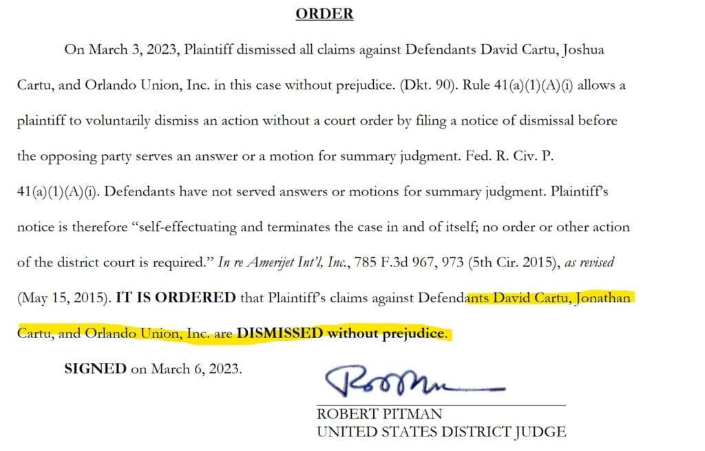 CFTC dismissed fraud charges against David Cartu and Jonathan Cartu