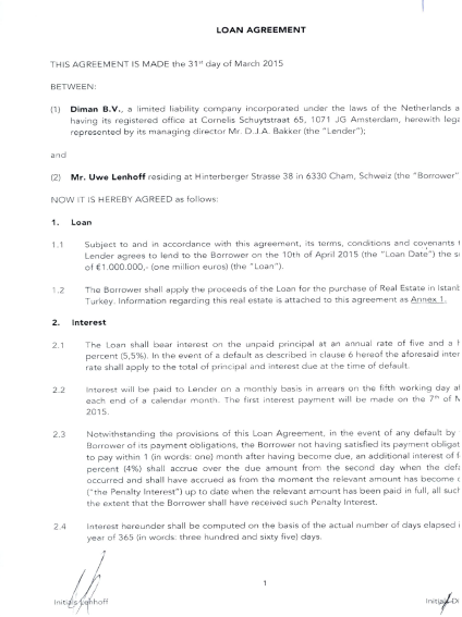 Loan agreement between Dirk-Jan Bakker company Diman and Uwe Lenhoff